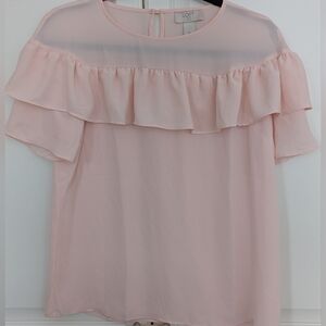 2/$35 LOFT Petite Blouse SP Pink Ruffle Front Flowy Short Sleeve Top